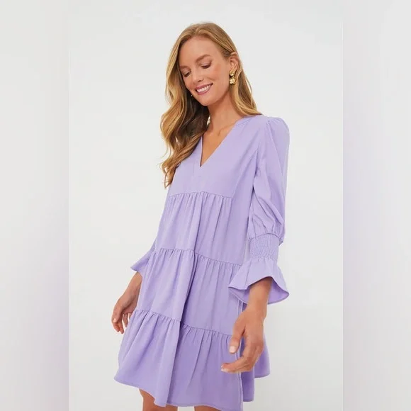 NWT Tuckernuck Pomander Place Lilac Kenzo Tiered Mini Dress V-neck 3/4 Sleeves - Picture 2 of 16